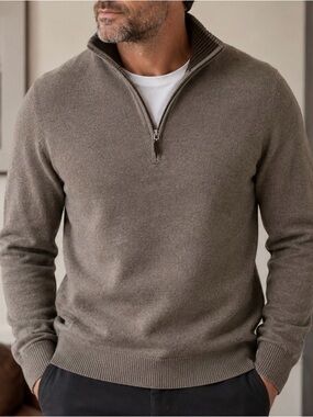 Eddie Bauer Men’s Light Brown 1/4 Zip Mock Neck Cotton Cashmere Knit Sweater XL